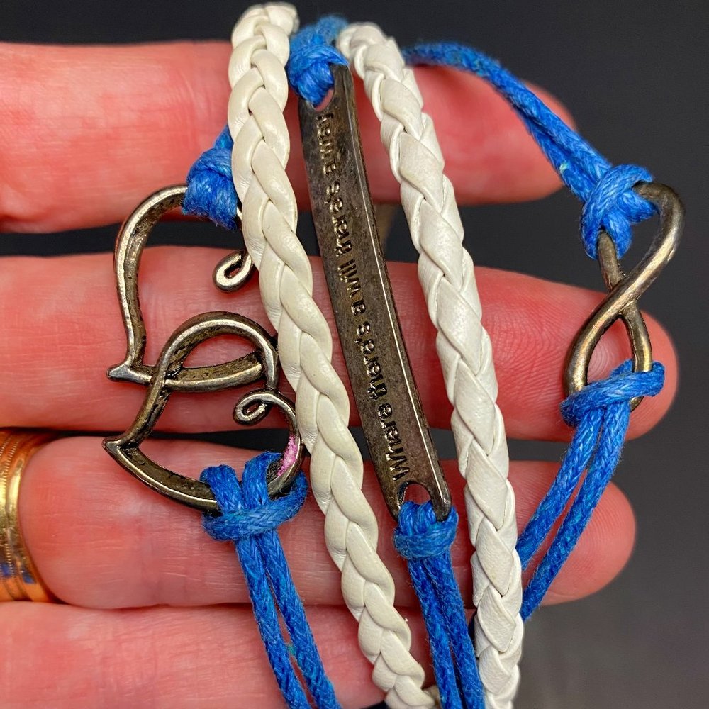 Braided bracelet w/hearts, infinity, and "Where's there a will there's a Way"